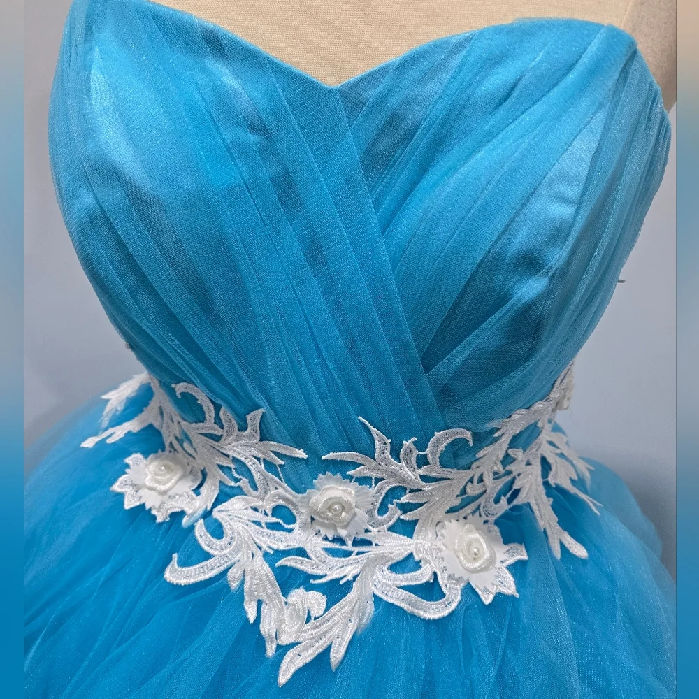 Mila Hoffman Custom Couture Ball Gown, Blue Topaz, White Floral Emroidered Waist - Picture 3 of 17